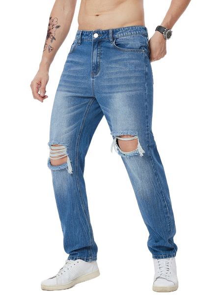 

men ripped moustache effect straight leg jeans 17sg#, Blue