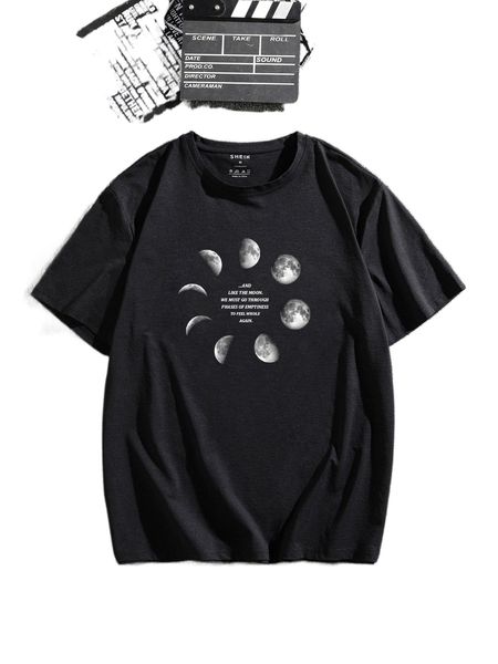 

men moon and slogan graphic tee s6vp#, White;black