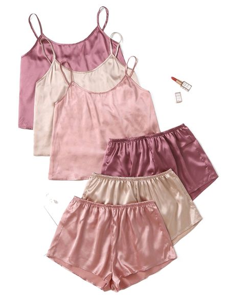 

3pack solid satin pj set l0jr#, Black;red