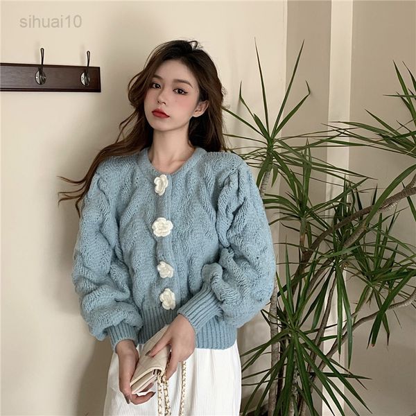

qingwen autumn winter new thickening retro rose lantern sleeve sweater women all-match short loose knitted vest jacket pull l220725, White