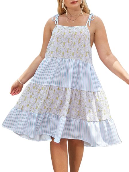 

plus striped & ditsy floral print tie shoulder ruffle hem cami dress z5of#, Black