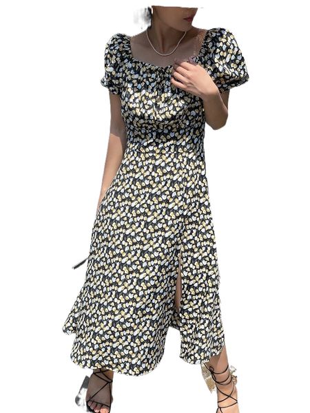 

dazy ditsy floral print knot front split thigh dress k1ez#, Black;gray