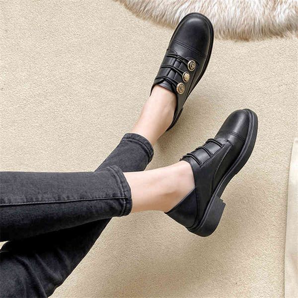 

dress shoes flat sole single shoes women's real leather leffer with button badge on one foot and two small in england dlka, Black