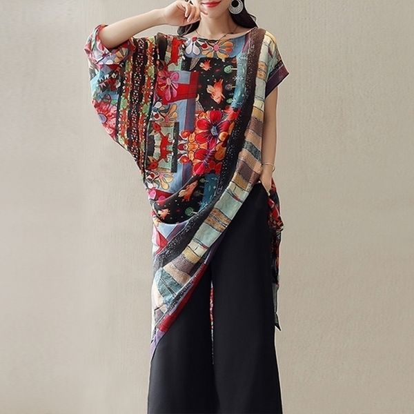 

bohemian women summer short sleeve blouse irregular ethnic floral printed party shirt loose long blusas vestido plus size y200622, White