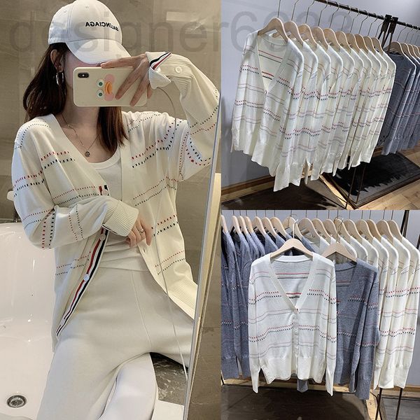 

women's knits & tees designer early spring tb color stripe v-neck long sleeve white knitted cardigan women's college style short c