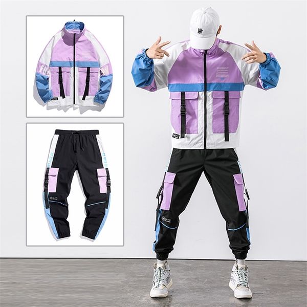 

hip hop workwear jacket tracksuit jacketpants 2pc sets baseball loose zipper ribbons coat & long pants mens clothing 220810, Gray