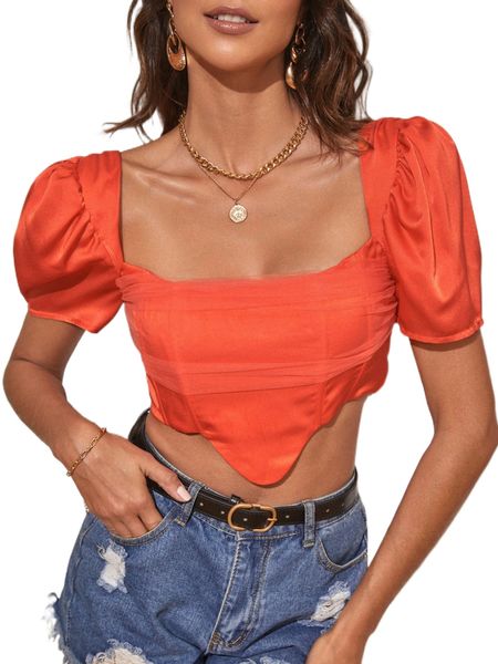 

puff sleeve mesh panel bandana hem crop blouse i7b0#, White