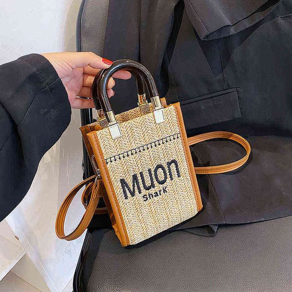 

summer portable straw 2022 new one shoulder woven beach simple letter embroidered messenger bag for women