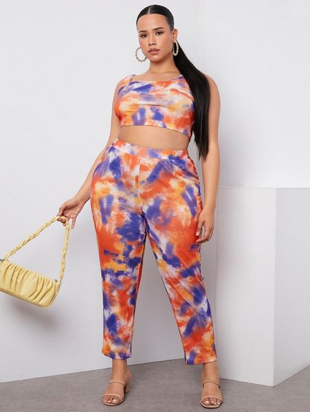 

plus tie dye crop tank & pants d7dq#, Black
