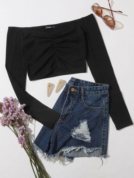 

off shoulder ruched rib-knit d1ka#, White