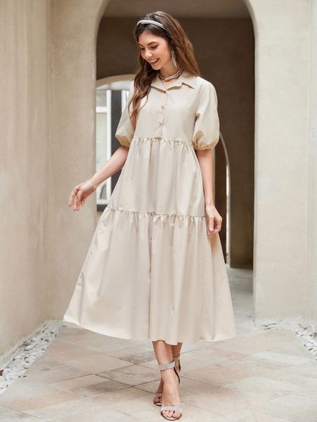 

button front puff sleeve solid smock dress q0l1#, Black;gray