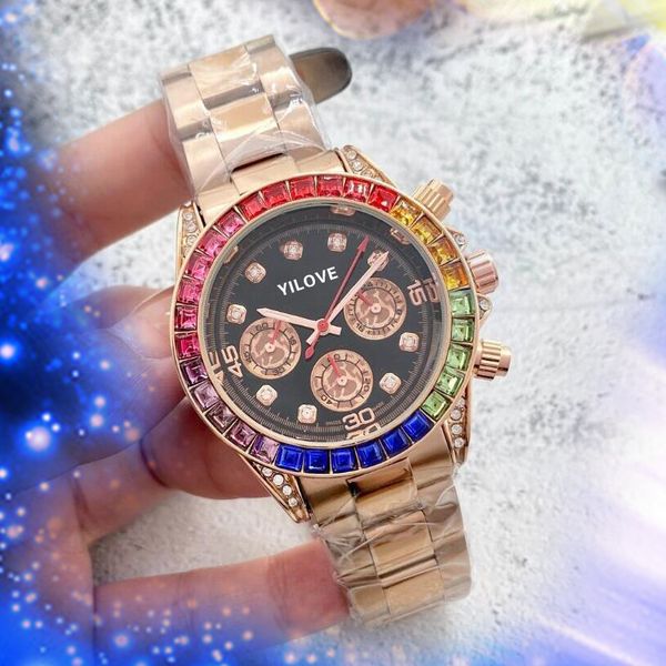 All Dial Works Diamond Watch Mens Automatic Dating Bracciale 43mm Orologio Monte Luxury Quartz Rainbow Womens Diamonds Gemstones Orologio da polso