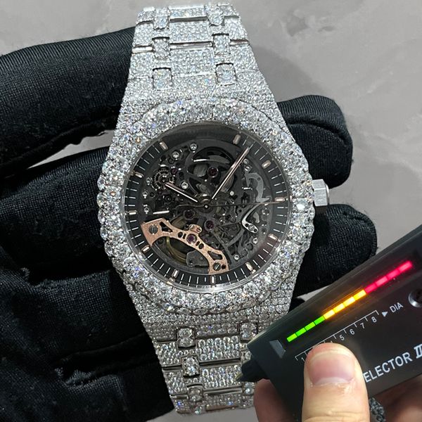 

2022 new version moissanite stones skeleton watch pass test mens diamonds mechanical eta movement luxury full iced out sapphire shiny watche, Slivery;brown