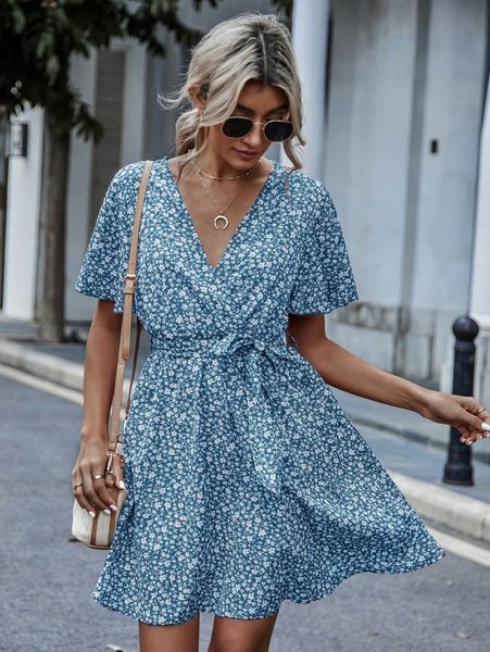 

ditsy floral butterfly sleeve belted dress w7t3#, Black;gray