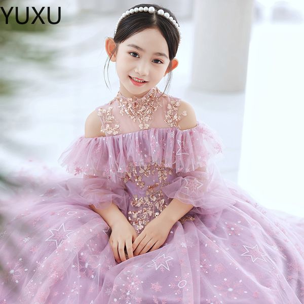 Adorabile viola Sequined Ball Gown Girl Girl Abiti Principessa Sheer Maniche lunghe Appliques Gioiello Neck Toddler Birthday Party Gowns