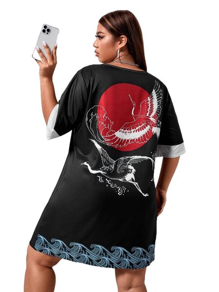 

plus contrast trim crane print longline blouse p7os#, Black