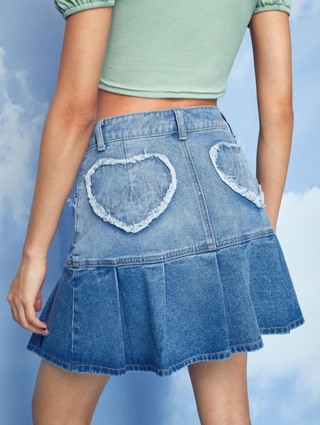 

romwe heart detail ombre denim skirt t7li#, Black