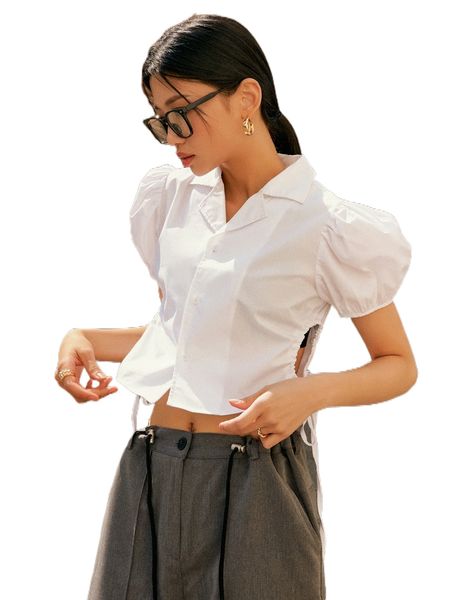 

dazy drawstring side cut out puff sleeve blouse 27ux#, White