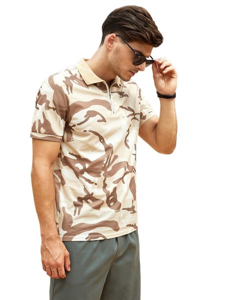 

men camo print half zipper polo shirt v4p2#, White;black