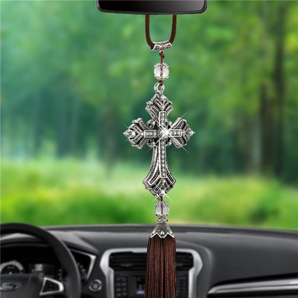 Decorações de interiores Metal e Crystal Diamond Cross Jesus Cristã Carreira Vista Vista Espelho Pingente Pendurado Acessórios de Estilo