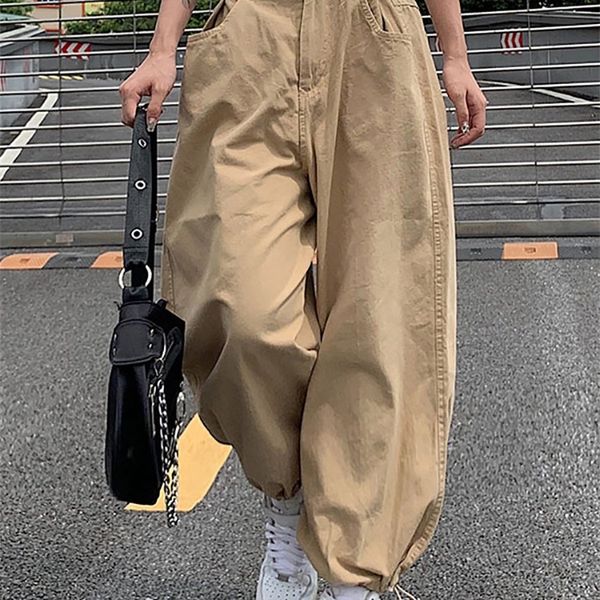 ALLNeon Y2K Moda Khaki Pantaloni cargo oversize stile Hip Hop Allentato Vita regolabile con coulisse Pantaloni lunghi Streetwear Anni '90 Autunno 220726