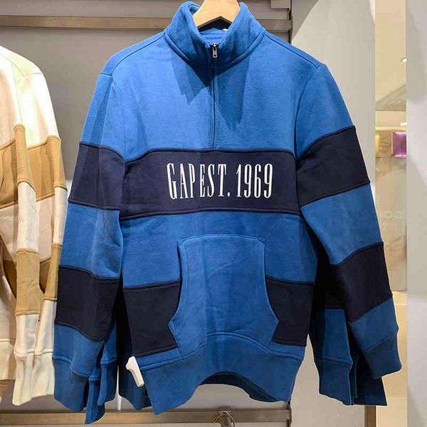 

brand hoodie gap 1969 men's autumn stripe color matching half zipper pullover thin velvet sweater w35z, Black