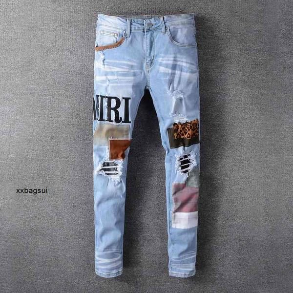 

amirs mens jeans designer high street fashion amirs light color creative paste cloth patch beggar pants young men's elastic slim legged, Blue