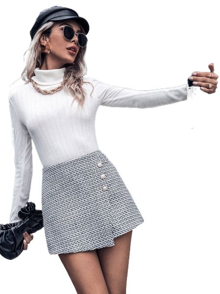 

tweed wrap button front skort y2q6#, White;black