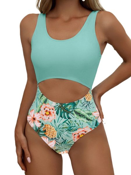 

random tropical print cut out one piece swimsuit a0su#, White;black