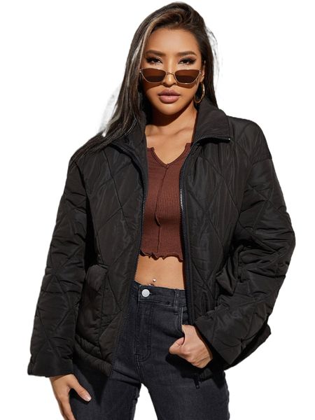 

flap pocket drop shoulder argyle quilted coat 765y#, Black