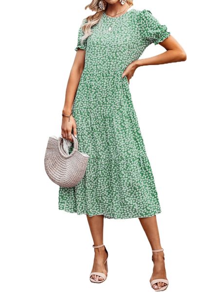 

ditsy floral print puff sleeve ruffle hem dress c8y6#, Black;gray