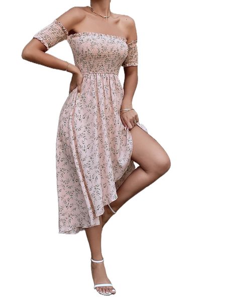 

floral print off shoulder frill trim wrap hem dress n4yg#, Black;gray