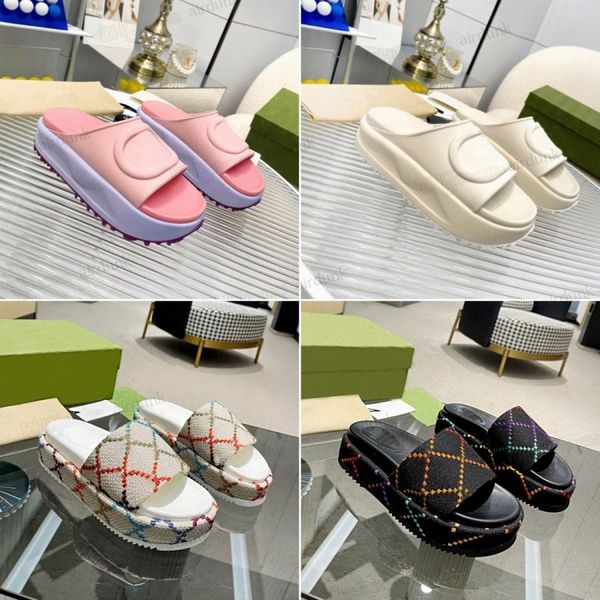 

designer slippers fashion thick bottom sandals letter embroidery slides lady macaron platform wedges canvas sandal 2023 new style beach high, Black