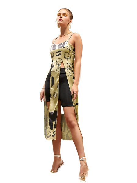 

x kaotip cartoon print split hem cami dress u84b#, Black;gray