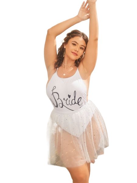 

2pack plus letter graphic one piece swimsuit with beach skirt x6ui#, White;black