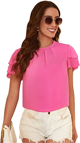 

& tees women's summer pleated short-sleeved lace chiffon blouse overalls blouse, White
