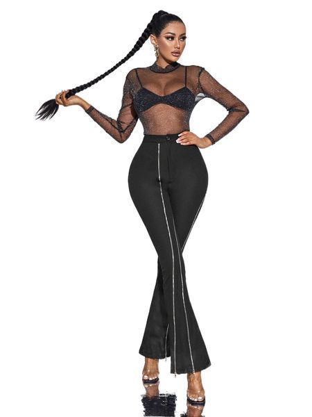 

sxy high waist zip detail flare leg pants 21qb#, Black;white