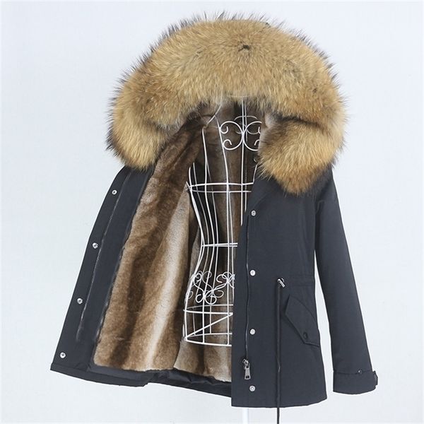 

oftbuy navy parka winter jacket coat women real fur coat parkas natural raccoon fur collar hooded warm soft faux fur liner 201126, Black