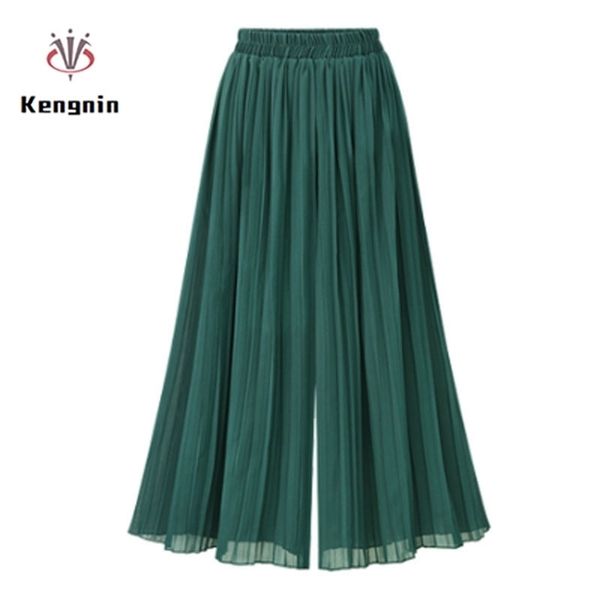

summer european style plus size 5xl pleated women wide leg pants loose chiffon anklet length pant elastic waist trousers y200418, Black;white