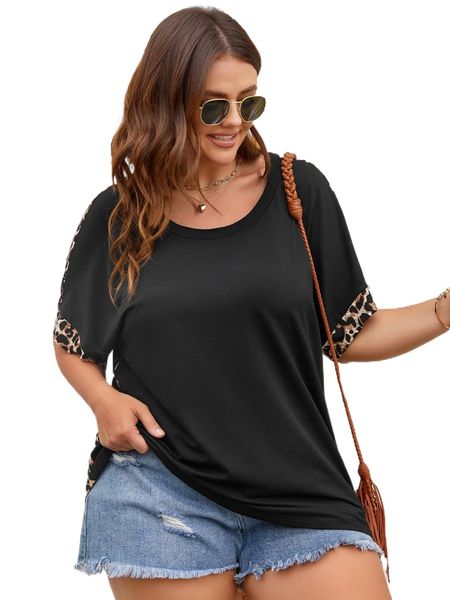 

plus leopard print dolman sleeve tee s7id#, Black