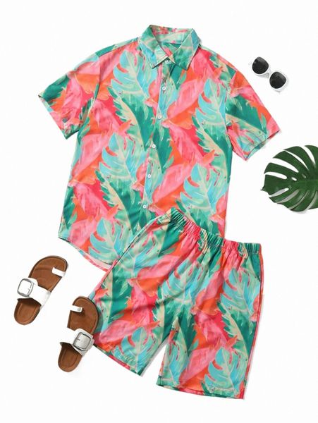 

men tropical print shirt & shorts 50sd#, Gray