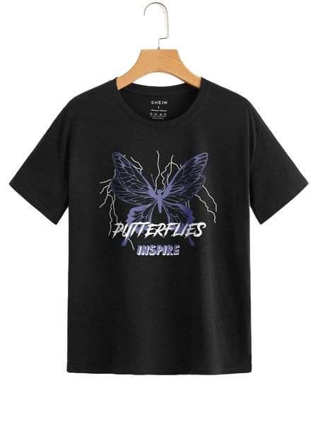 

butterfly & letter graphic drop shoulder tee d0sl#, White