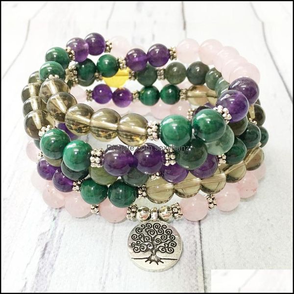 

beaded strands bracelets jewelry mg0479 tree of life yoga bracelet 108 natural gemstone malachite rose smokey quartz amethyst, Black