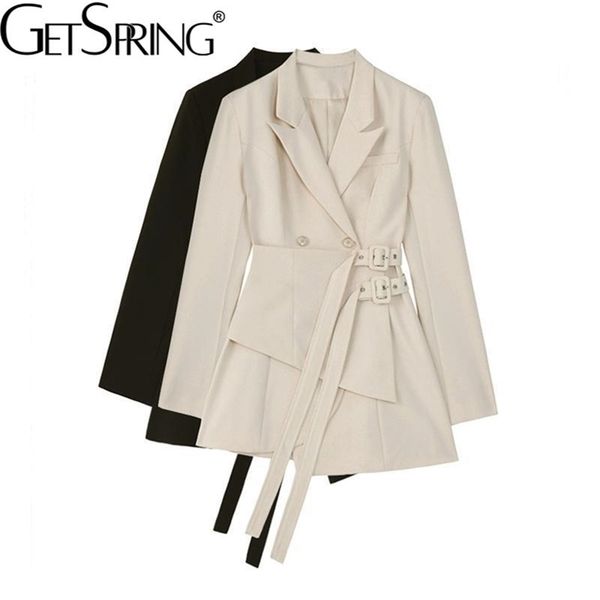 

getspring women blazer dress long slim patchwork asymmetry vintage women coat jackets black apricot bandage fashion outfit 220402, White;black