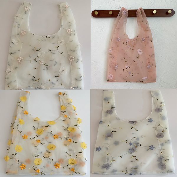 

dhl50pcs stuff sacks women mesh floral embroidery vertical section handbag mix color
