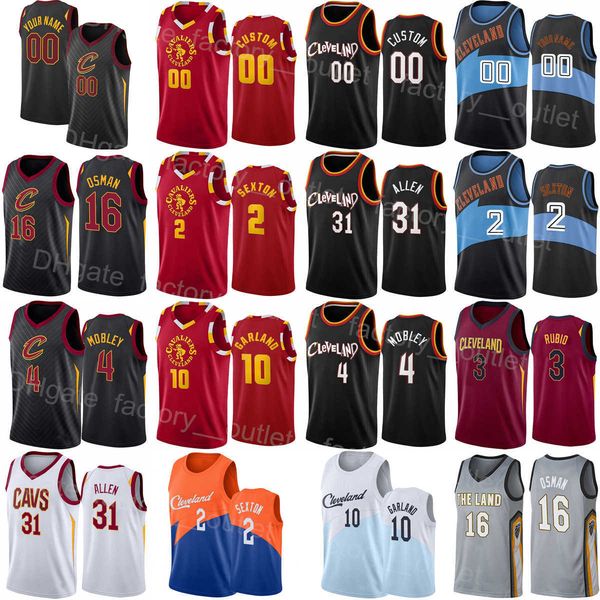 Basketball-Trikot mit Siebdruck, Darius Garland, 10 Evan Mobley, 4 Ricky Rubio, 3 Collin Sexton, 2 Cedi Osman, 16 Jarrett Allen, 31, Rot, Schwarz, Weiß, Grau, Orange, Herren, Kinder, Damen