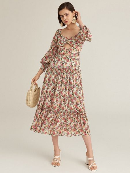 

flowing puffed sleeve floral dress 99s8#, Black;gray