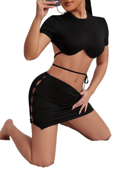 

sxy rib-knit tie front super crop with bodycon skirt s91i#, White