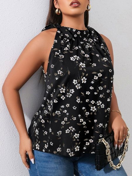 

plus allover floral print knot side blouse l63f#, Black