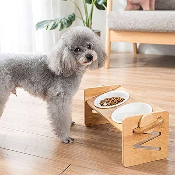 Pet Dog Bowls повышенные высоты Регулируемые бамбуковые пищевые и водяные блюда Деревянная подставка щенок кошка уход за шеей Уход за чаша 220323